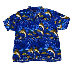 LG Sport XXL Blue Marlin Fish Print Hawaiian Rayon Button Down Shirt